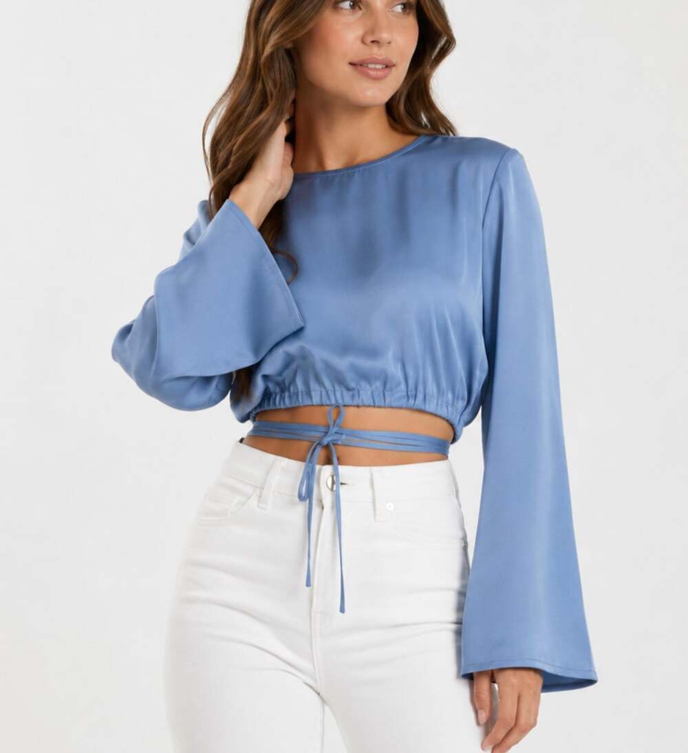 Bar III Nicole Williams English Blue Satin Bell Sleeve Tie Waist Crop Top Small